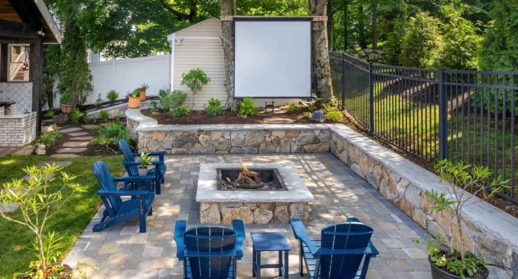 Patio contractors Massachusetts — stone paver patio with fire pit and sitting walls by M Coelho Group