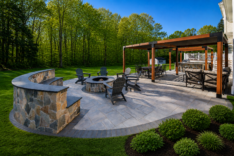 outdoor living space with stone patio fire pit and pergola in Dedham MA — M Coelho Group