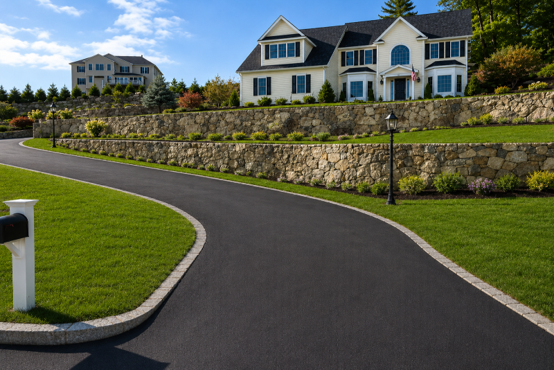 stone retaining walls along curved driveway in Dedham MA — M Coelho Group